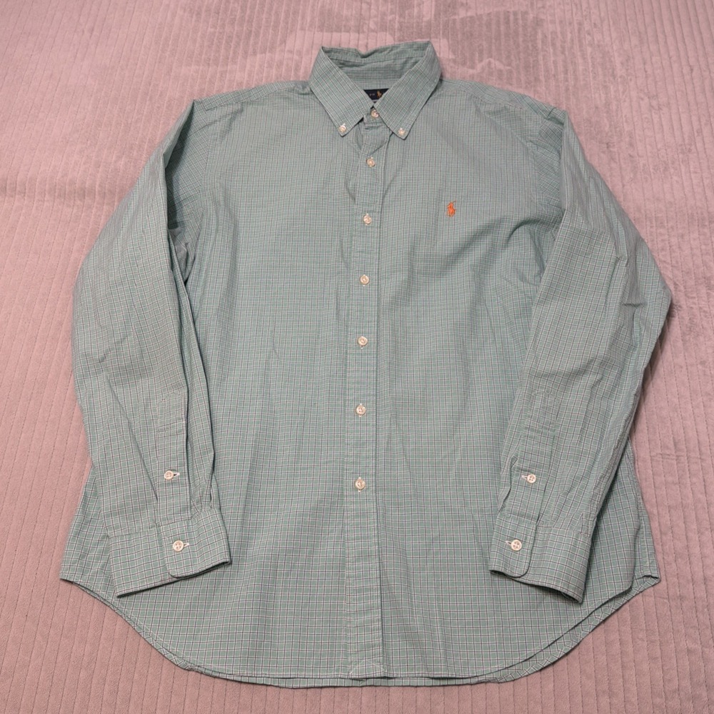 Ralph Lauren Custom‎ Fit Plaid Button Down Shirt Men's Medium Blue Green